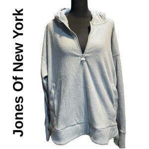 JONES OF NEW YORK SPORTS Ribbed Pullover Hooded Sweatshirt, Half Zip, Size Large